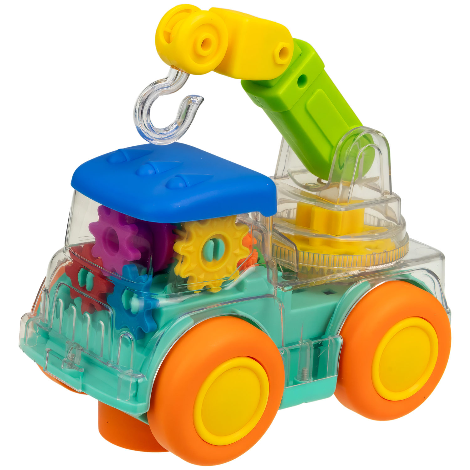 Машинка 1TOY Движок Автокран прозрачный с шестеренками, световыми и звуковыми эффектами