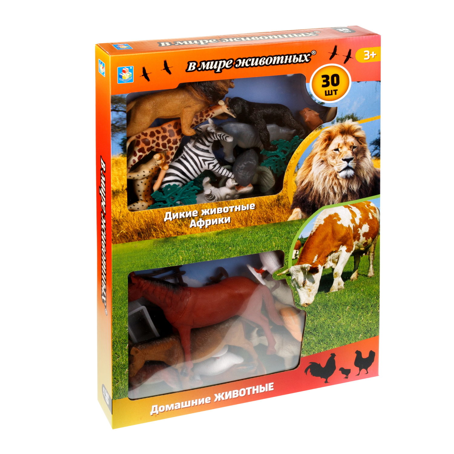 Фигурки диких животных Африки и набор ферма 1TOY "В мире животных" 30 шт.