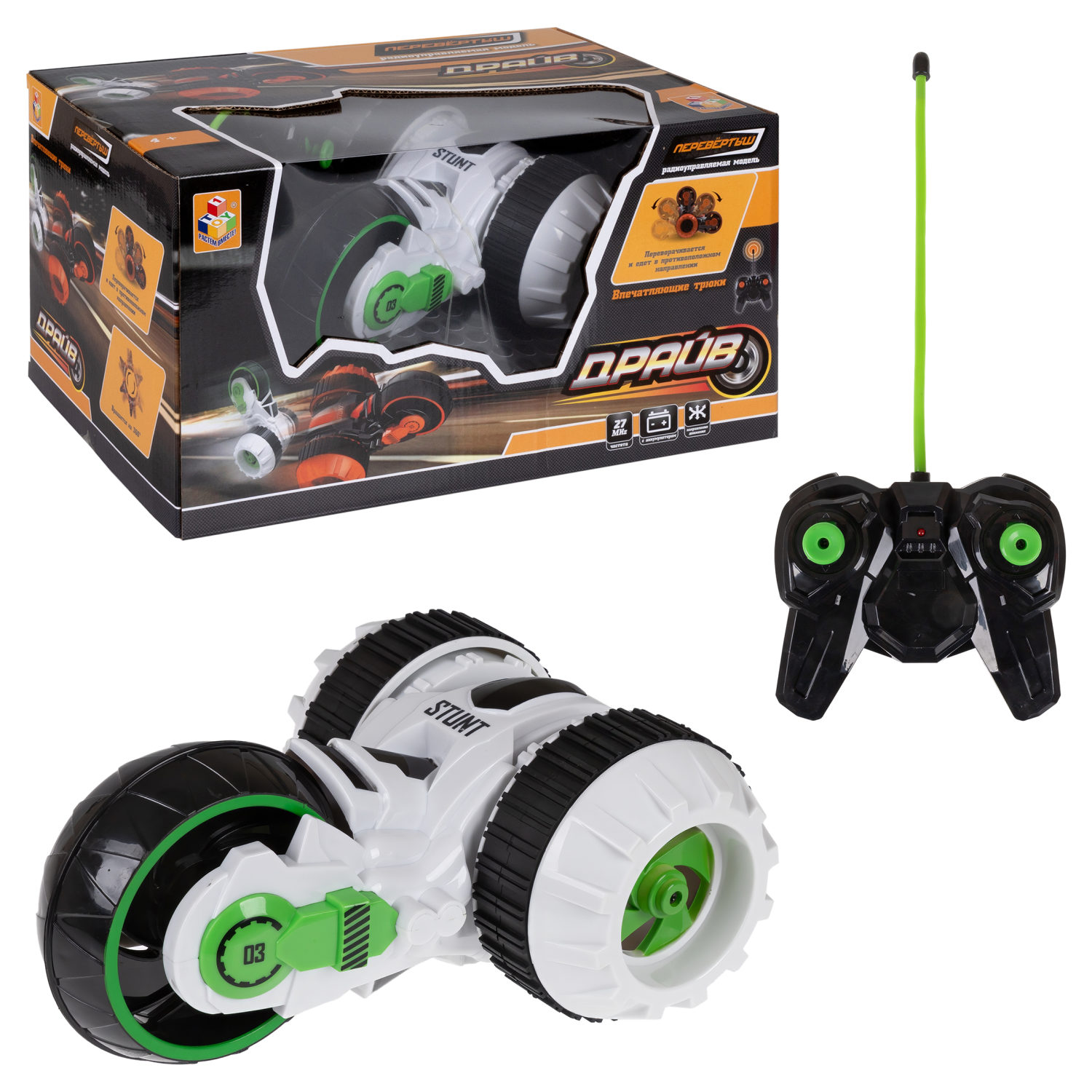 Машинка на пульте управления 1TOY Драйв перевертыш, трюковая, радиоуправляемая, трюкач, белая