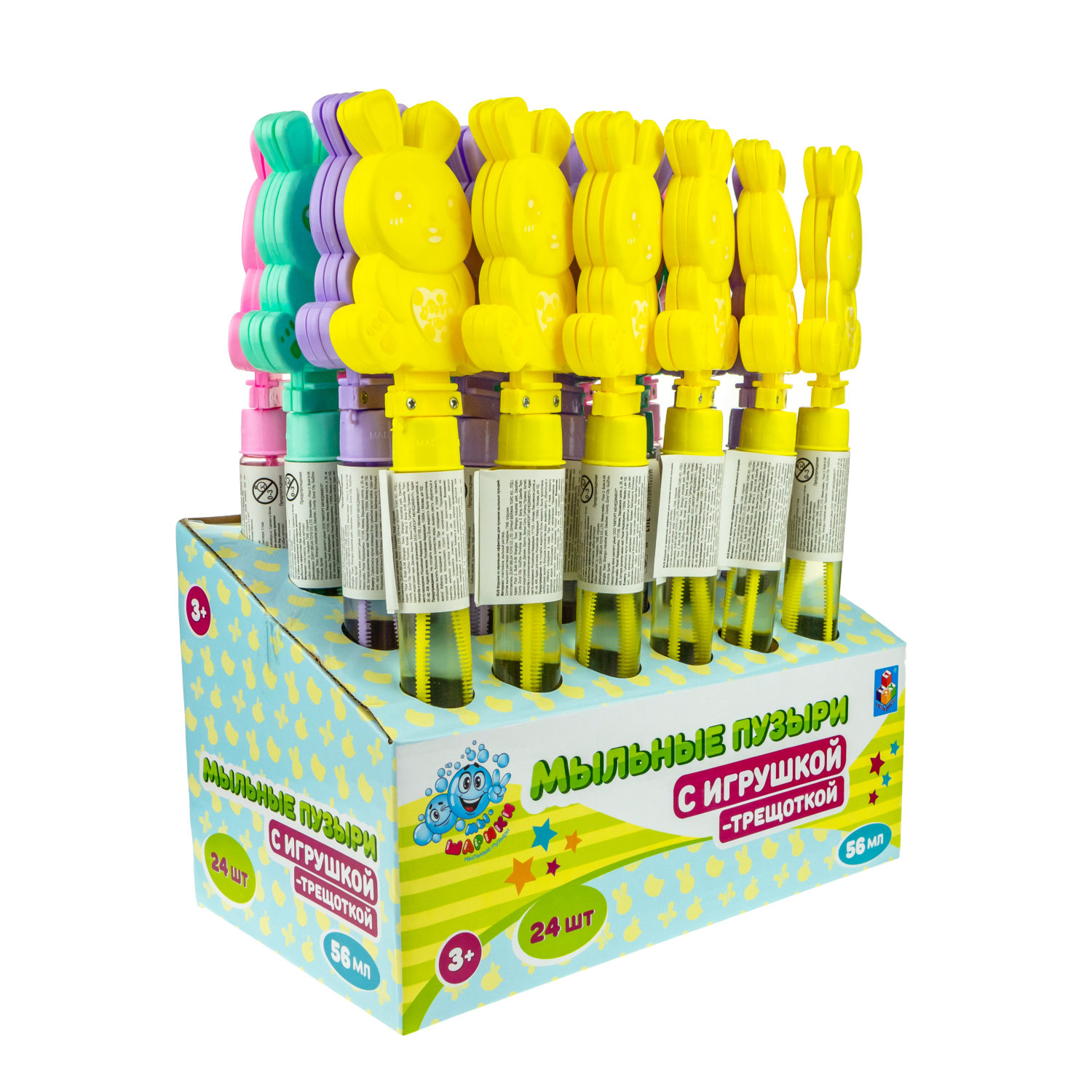 Мыльные пузыри с игрушкой-трещоткой 1TOY Мы-шарики! Зайка, 56 мл, 4 цвета в ассортименте