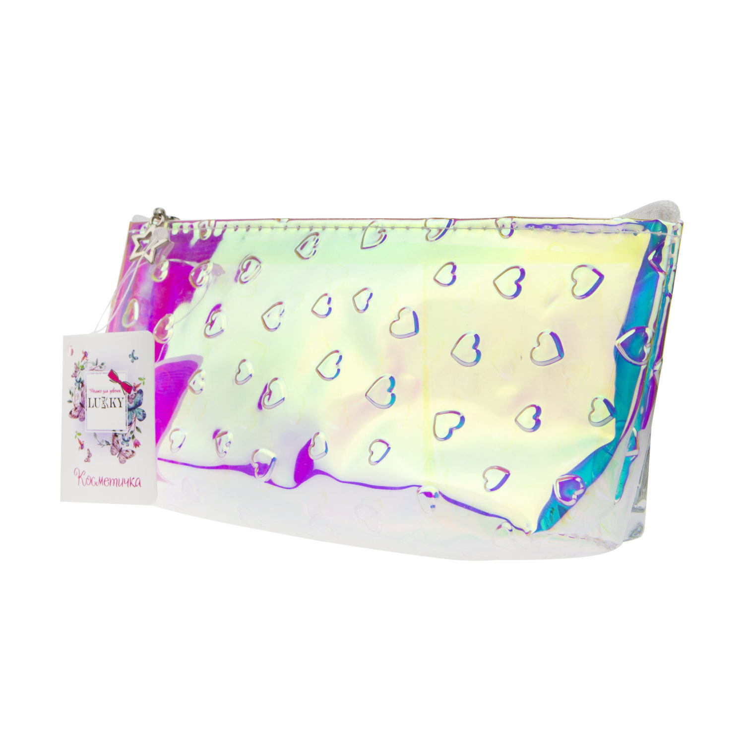 Пенал школьный, косметичка LUKKY для девочек, девушек, голографическая, с объемными сердечками, 19х8 см