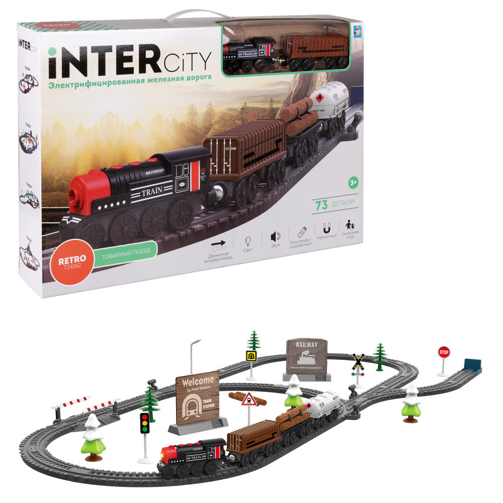 Детская железная дорога с электропоездом 1TOY InterCity, со светом, звуком, паровоз на рельсах, в подарочном наборе, 73 детали