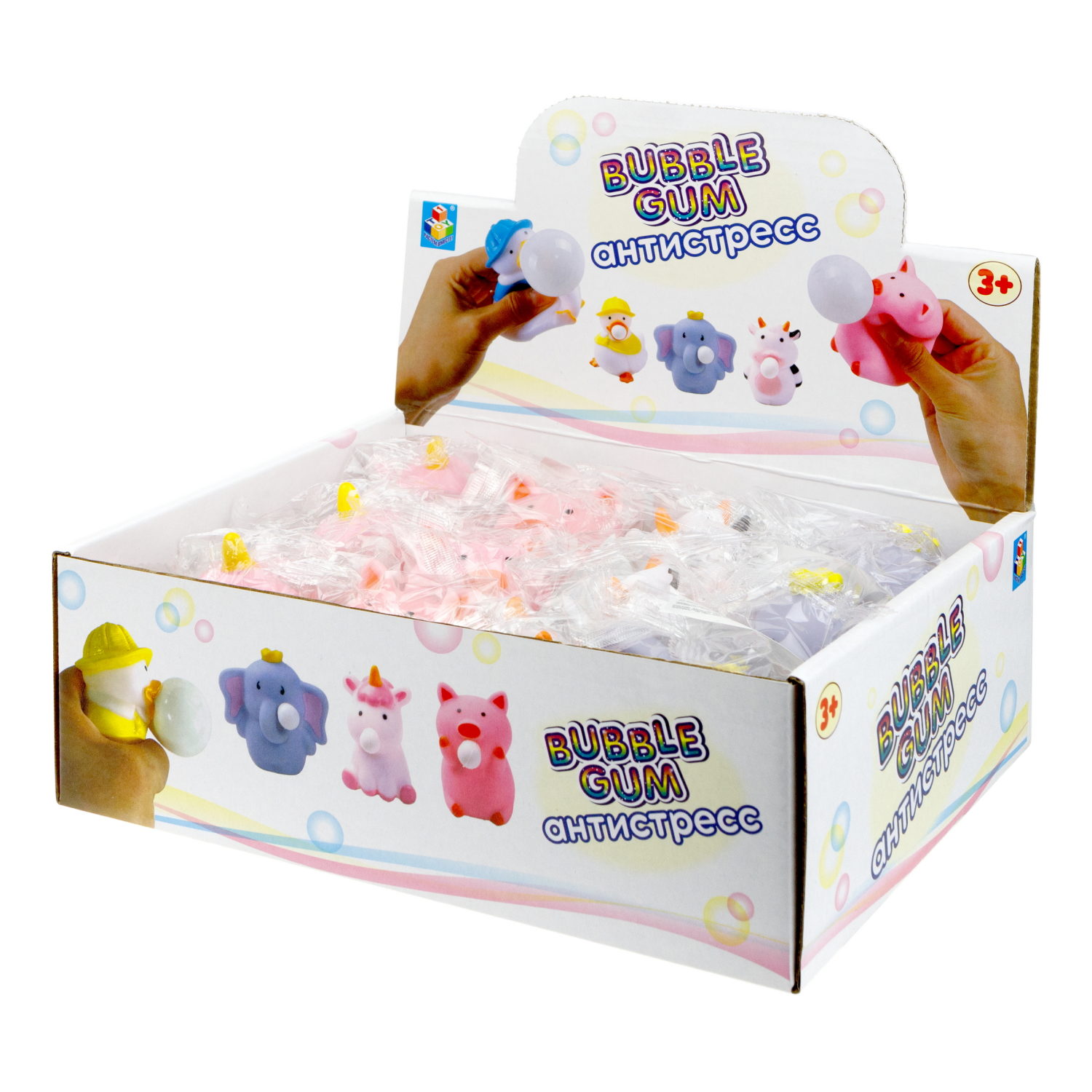1toy Bubble Gum-антистресс "Животные" 6,5х6,5х5 см, 4 вида в асс., 12 шт. в д/б