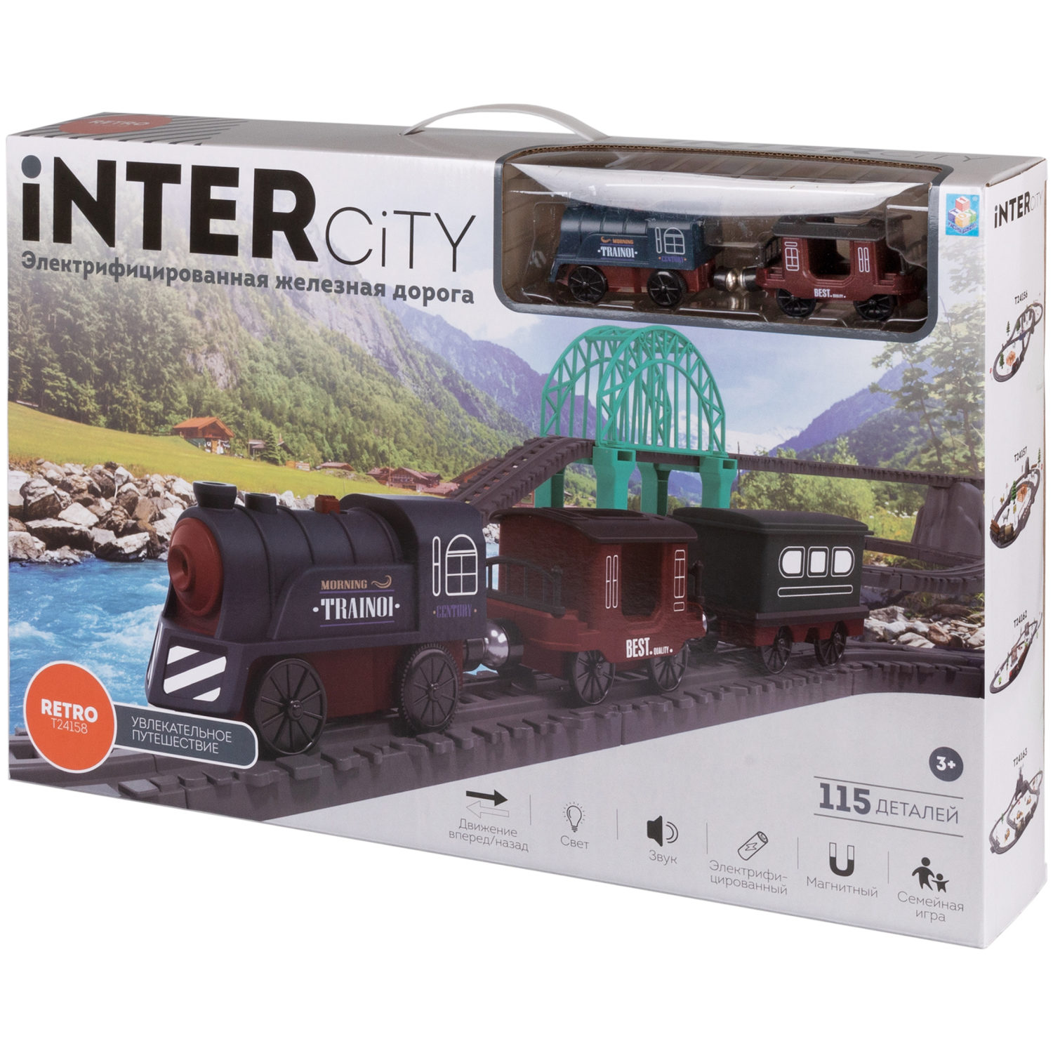 Детская железная дорога с электропоездом 1TOY InterCity, со светом, звуком, паровоз на рельсах, в подарочном наборе, 115 деталей