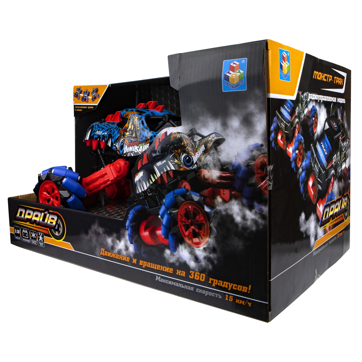 Машинка на пульте управления 1TOY Драйв, Монстр-трак Динозавр, сине-красный