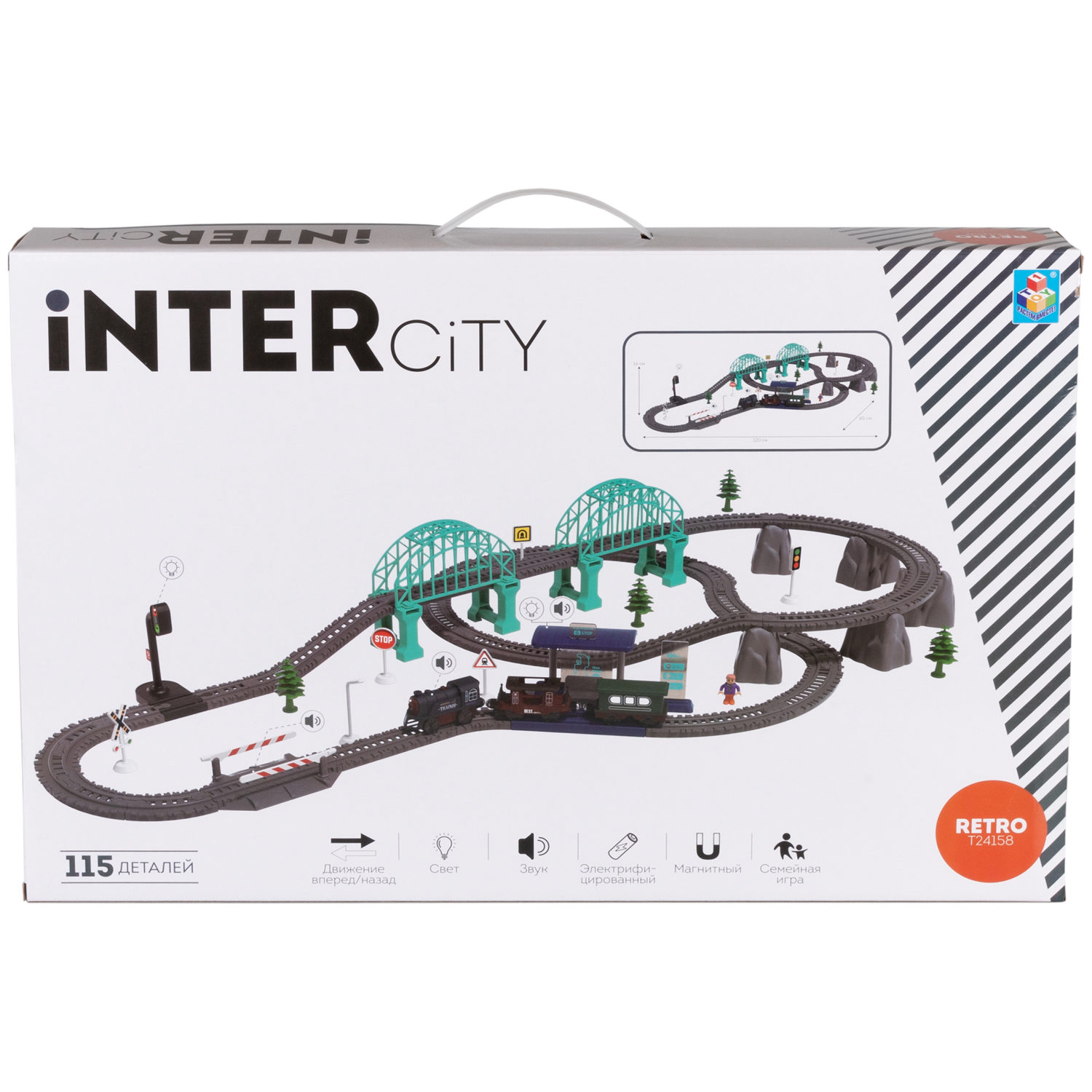 Детская железная дорога с электропоездом 1TOY InterCity, со светом, звуком, паровоз на рельсах, в подарочном наборе, 115 деталей