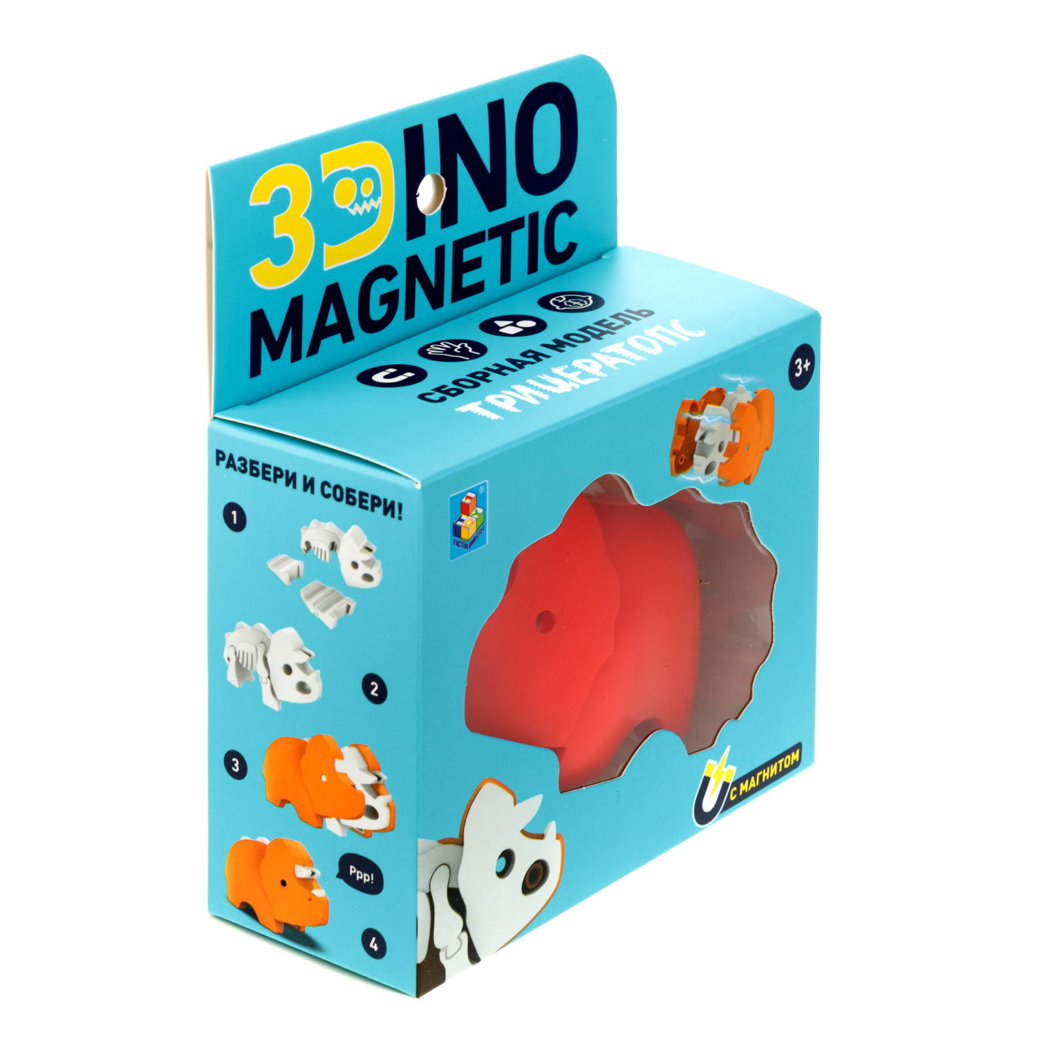 Игрушка динозавр 1TOY 3Dino Magnetic Трицератопс, сборный, с магнитом, для развития моторики и сил рук, цвет в ассортименте