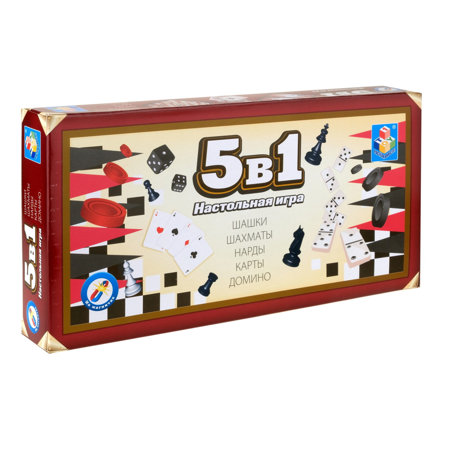 Настольные игры 1TOY 5-в-1 магнитные шахматы, нарды и шашки, домино, карты игральные 36 штук