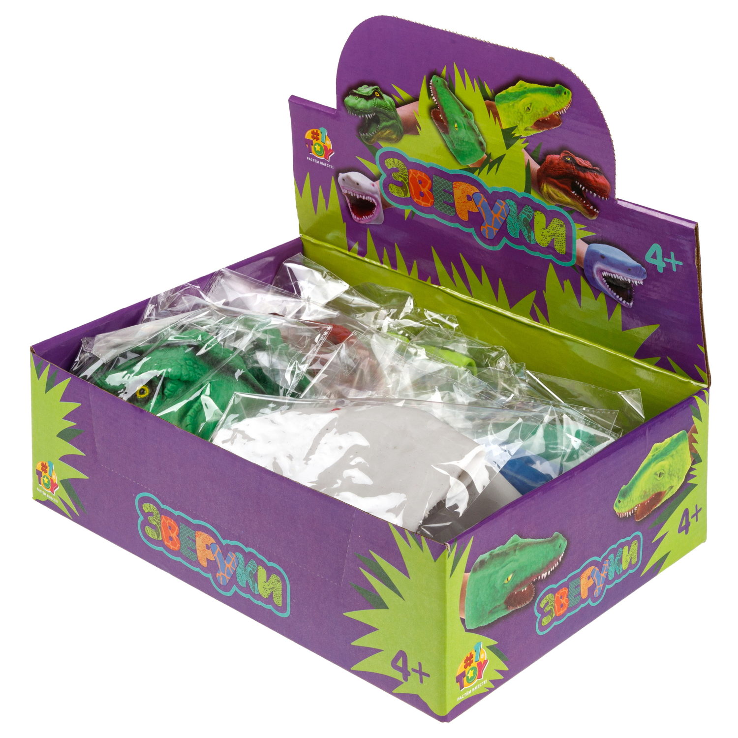 1toy Зверуки большие на руку, 6 видов, 12 шт в д/б