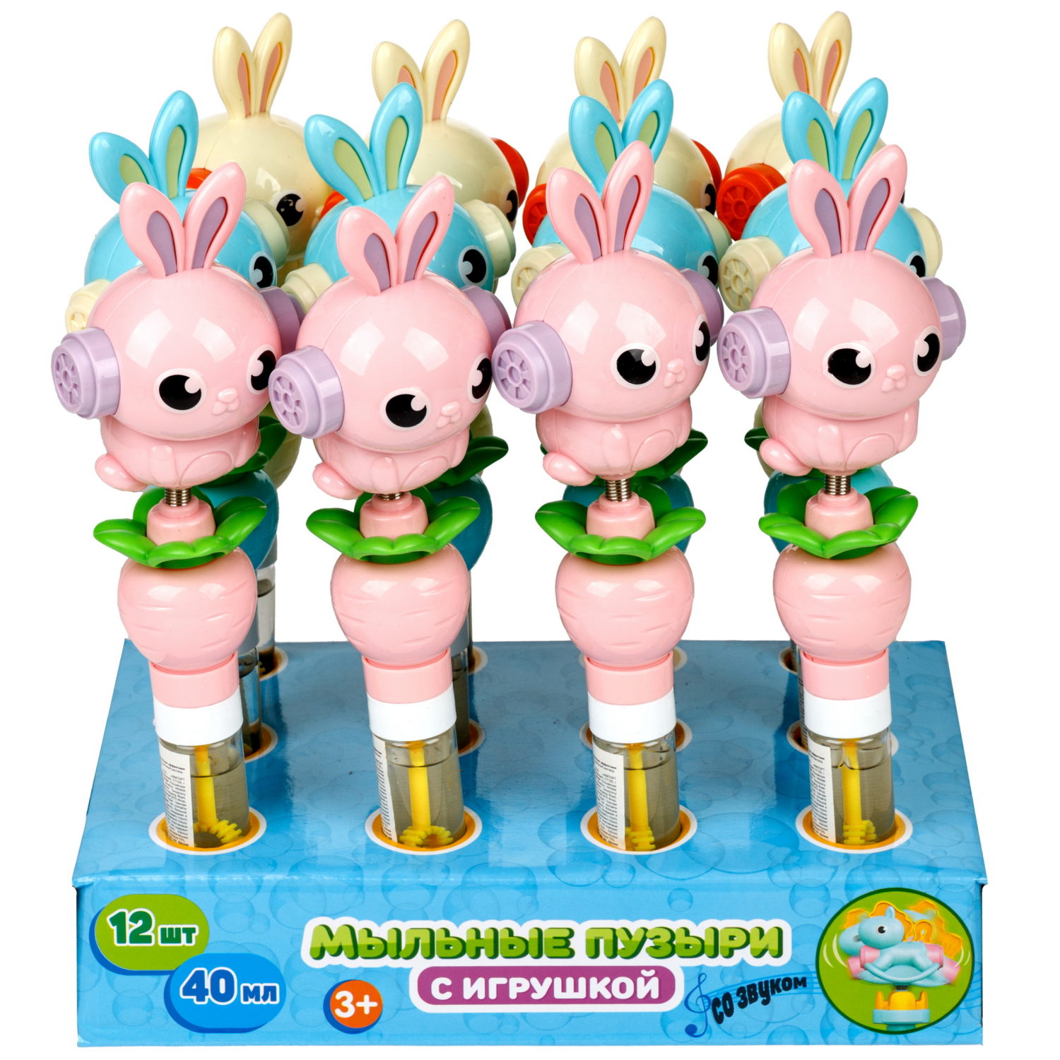 Мыльные пузыри с игрушкой-качалкой 1TOY Мы-шарики! Заяц, 40 мл, 3 цвета в ассортименте