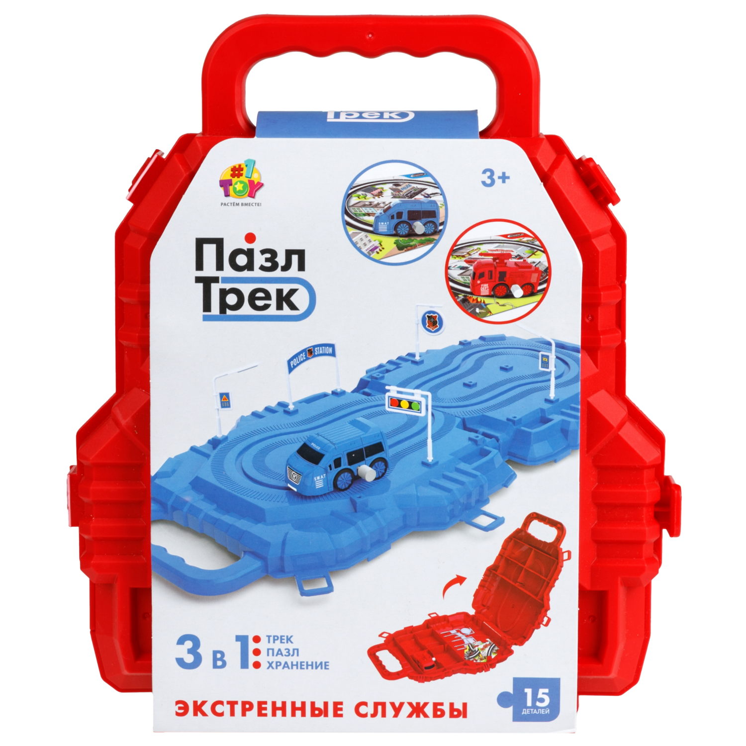 Игровой набор 1TOY Пазл-трек "Экстренные службы пожарная команда" с машинкой, 15 деталей