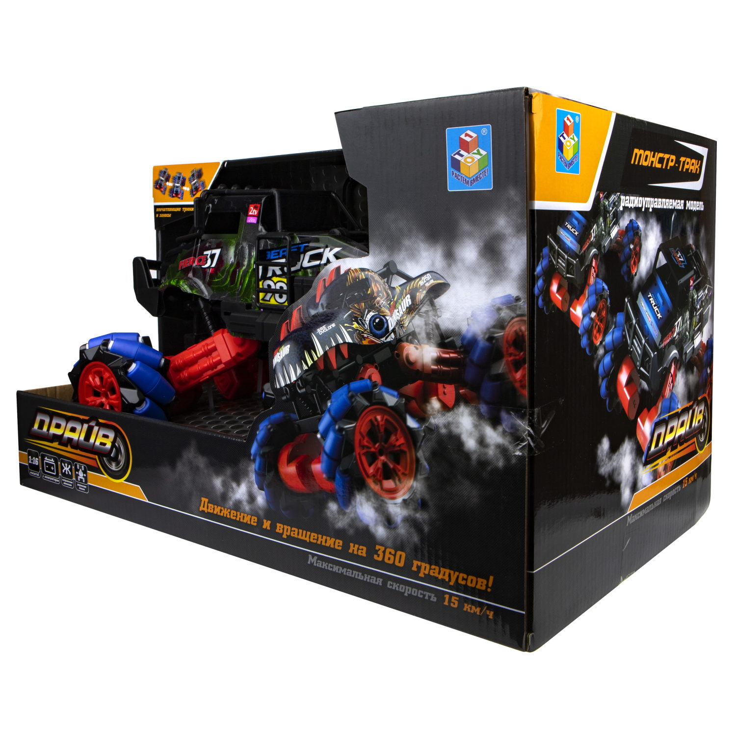 Машинка на пульте управления 1TOY Драйв, Монстр-трак Динозавр, черно-зеленый