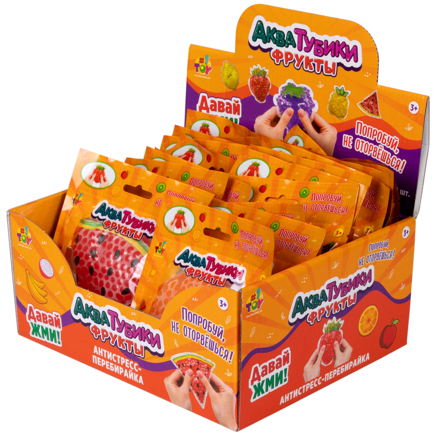 Акватубики переливайка 1TOY «Фрукты» скользун с водой внутри, антистресс для рук, жмякалка, 10 видов в ассортименте