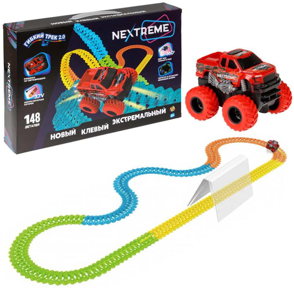 1TOY NEXTREME Гибкий трек 148 деталей, пикап красный с аккумуляторной батареей