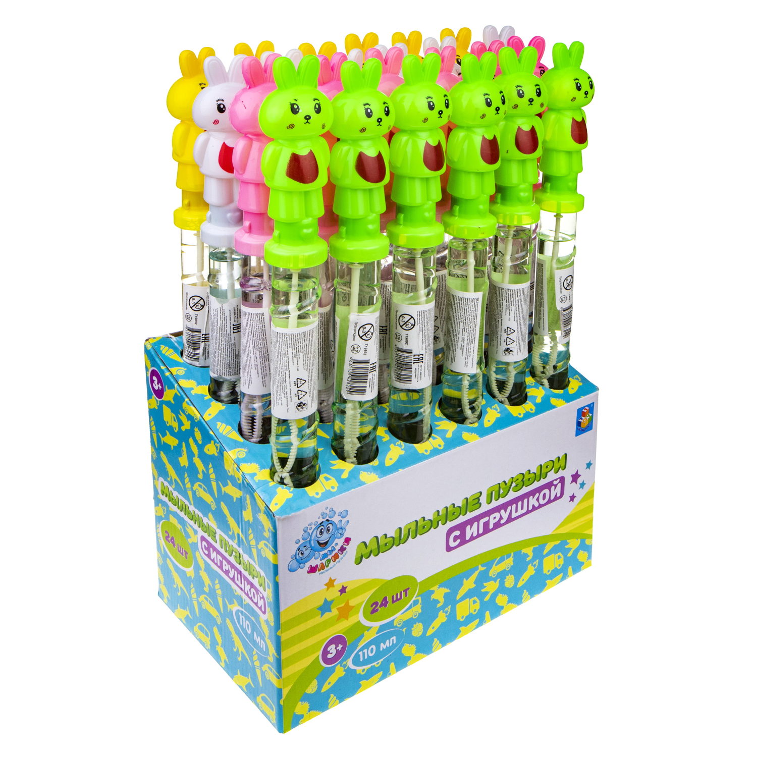 Мыльные пузыри с игрушкой 1TOY Мы-шарики! Кролик, 110 мл, 4 цвета в ассортименте