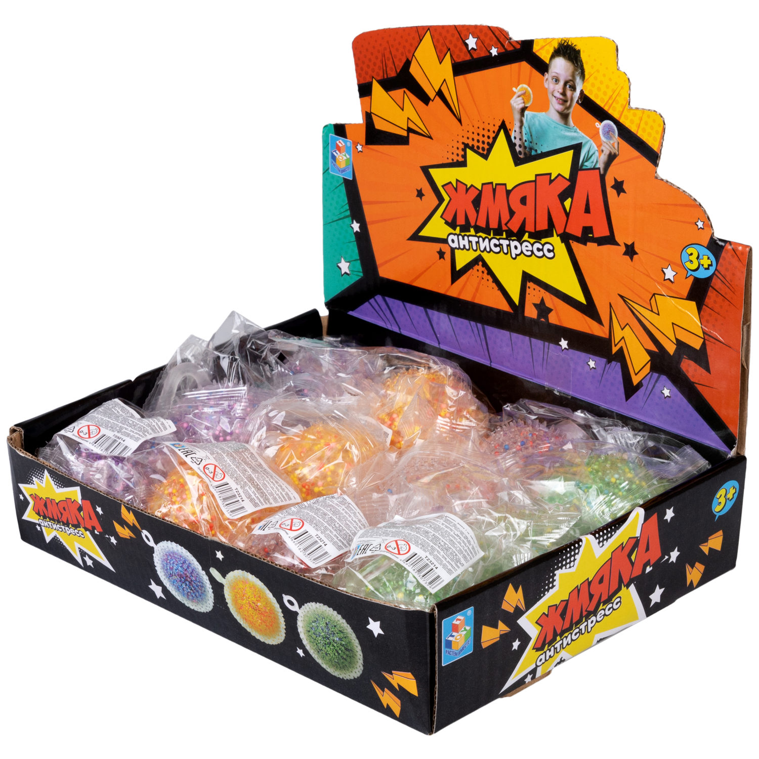 1toy Жмяка-антистресс "Шар" с разноцветными шариками 7 см, 4 вида в асс., 12 шт. в д/б