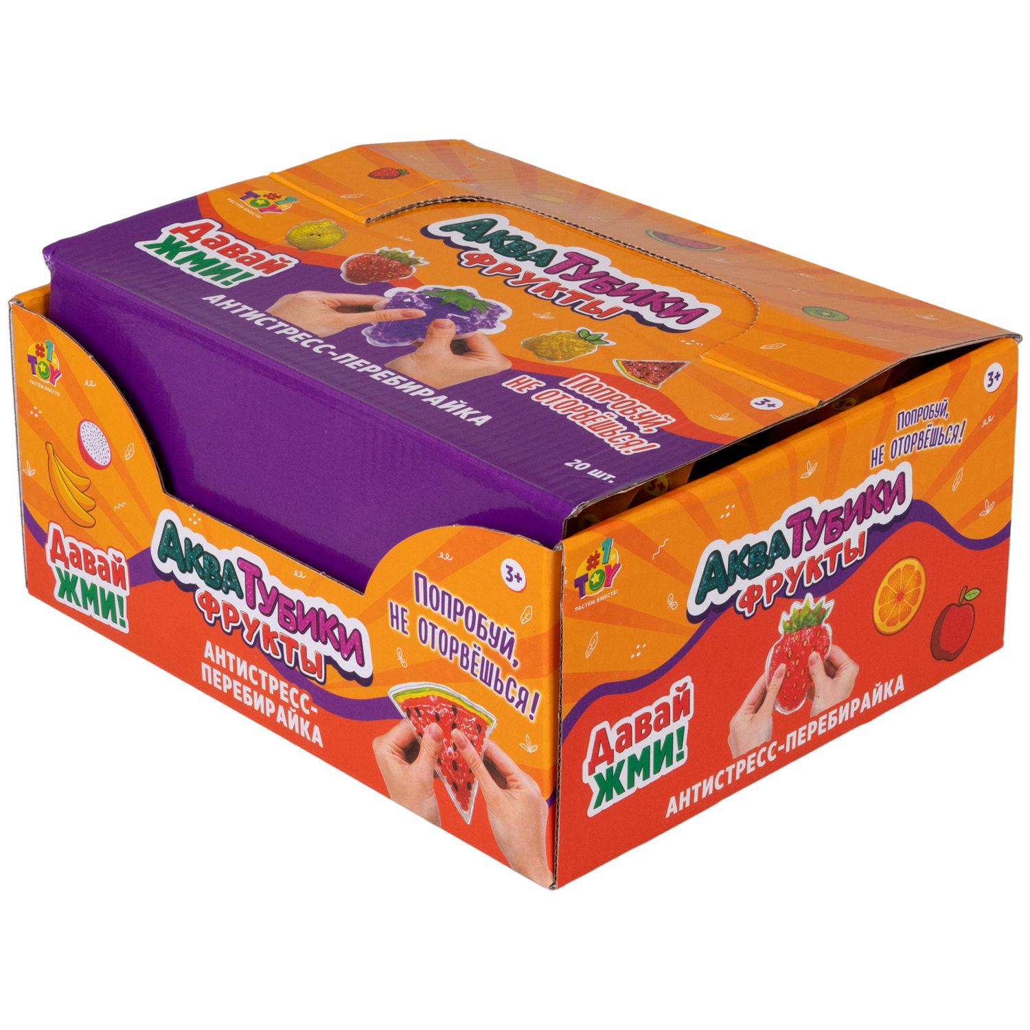 Акватубики переливайка 1TOY «Фрукты» скользун с водой внутри, антистресс для рук, жмякалка, 10 видов в ассортименте