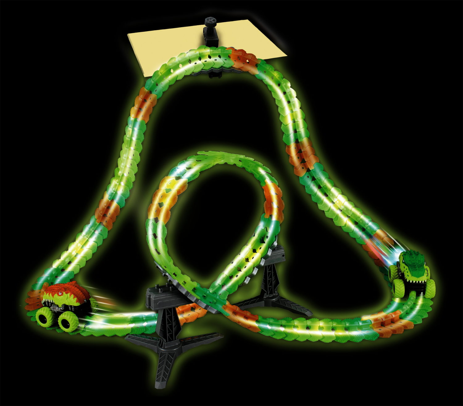 1TOY NEXTREME Гибкий трек  Динопарк 150 деталей, диномобиль, сменный кузов, 2 стойки, 1 крепеж к столу