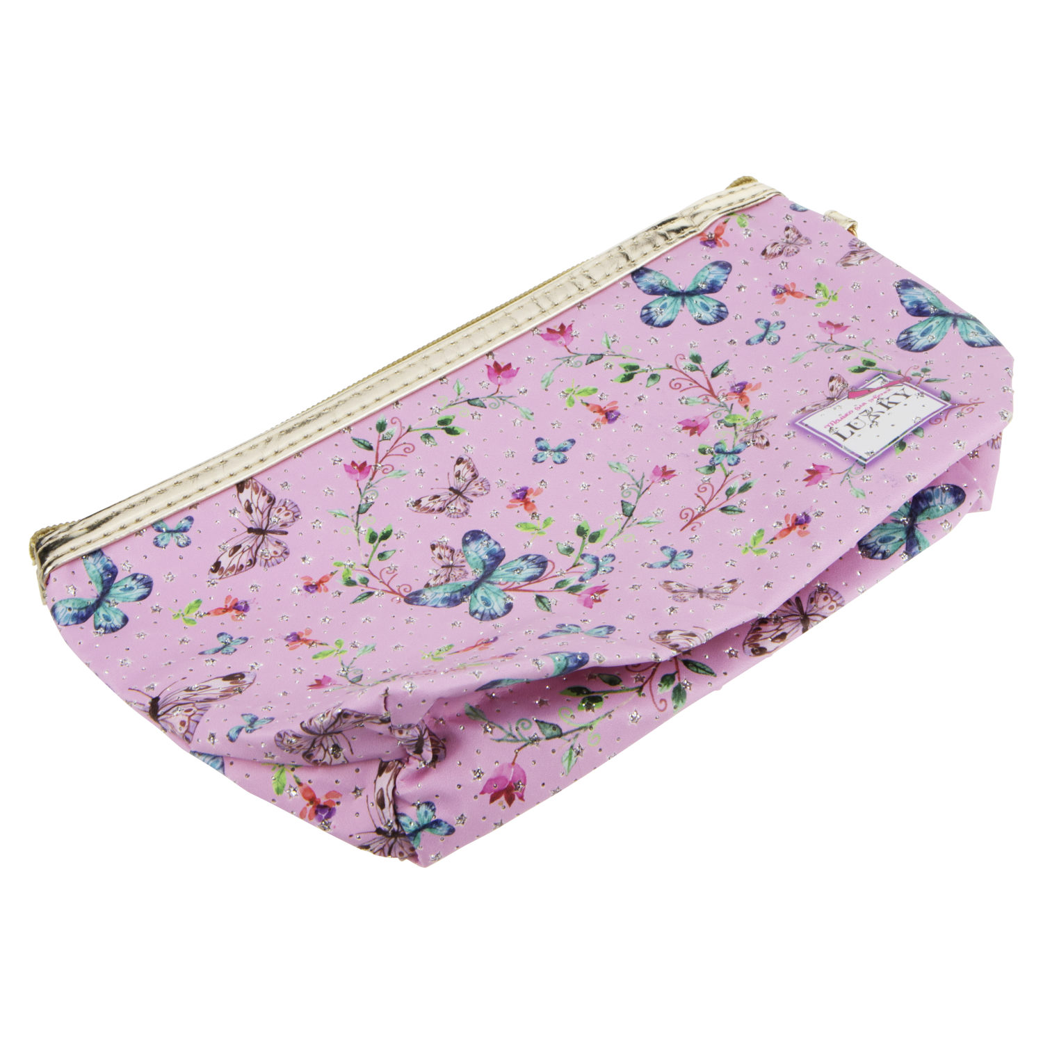 Косметичка LUKKY розовая с принтом и блёстками, 24х7 см