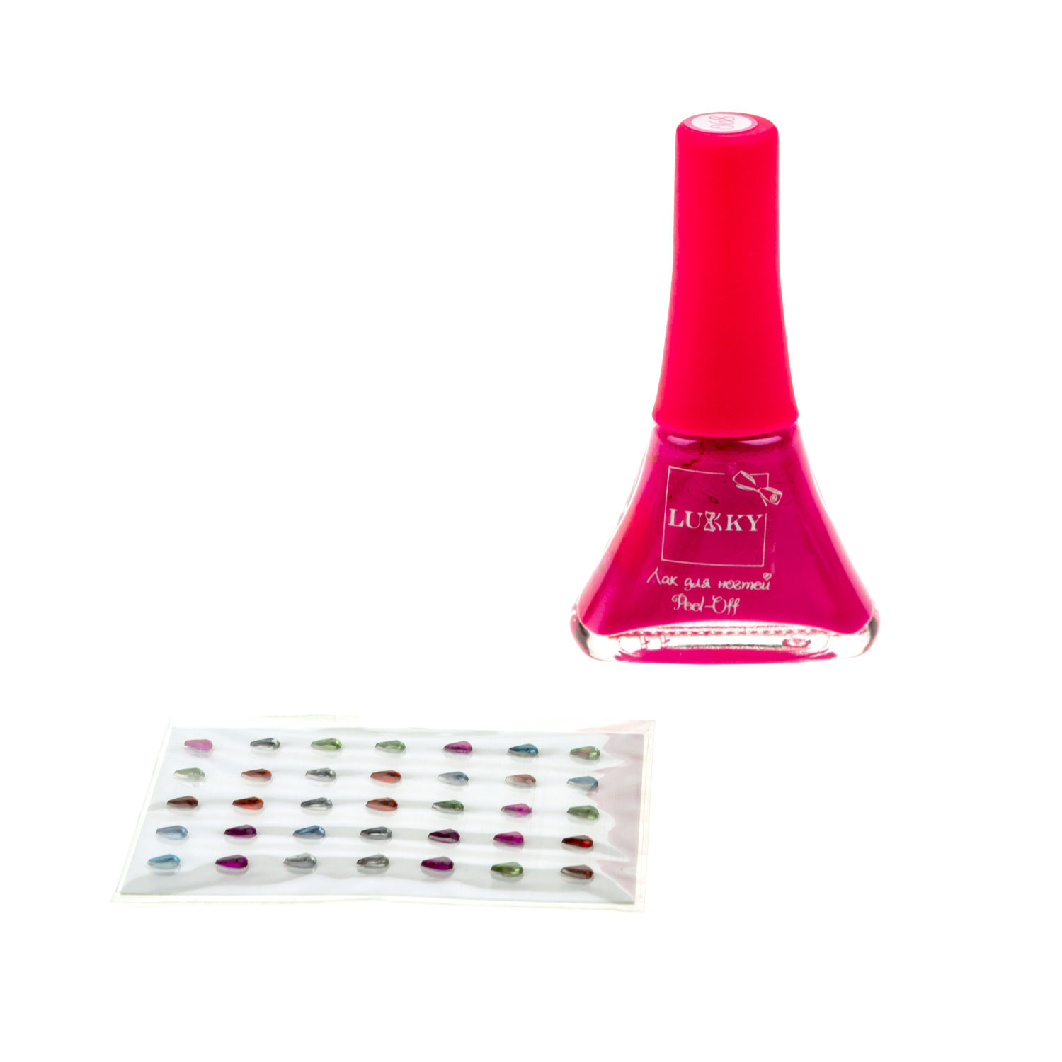 Набор для маникюра детский LUKKY Нэйл-Дизайн #3 Капелька: лак для ногтей на водной основе ярко-розовый и стразы-наклейки