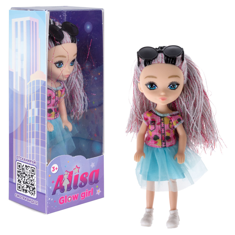 Кукла 1TOY ALISA GLOW GIRL, с яркими волосами, в голубой юбке, 15 см