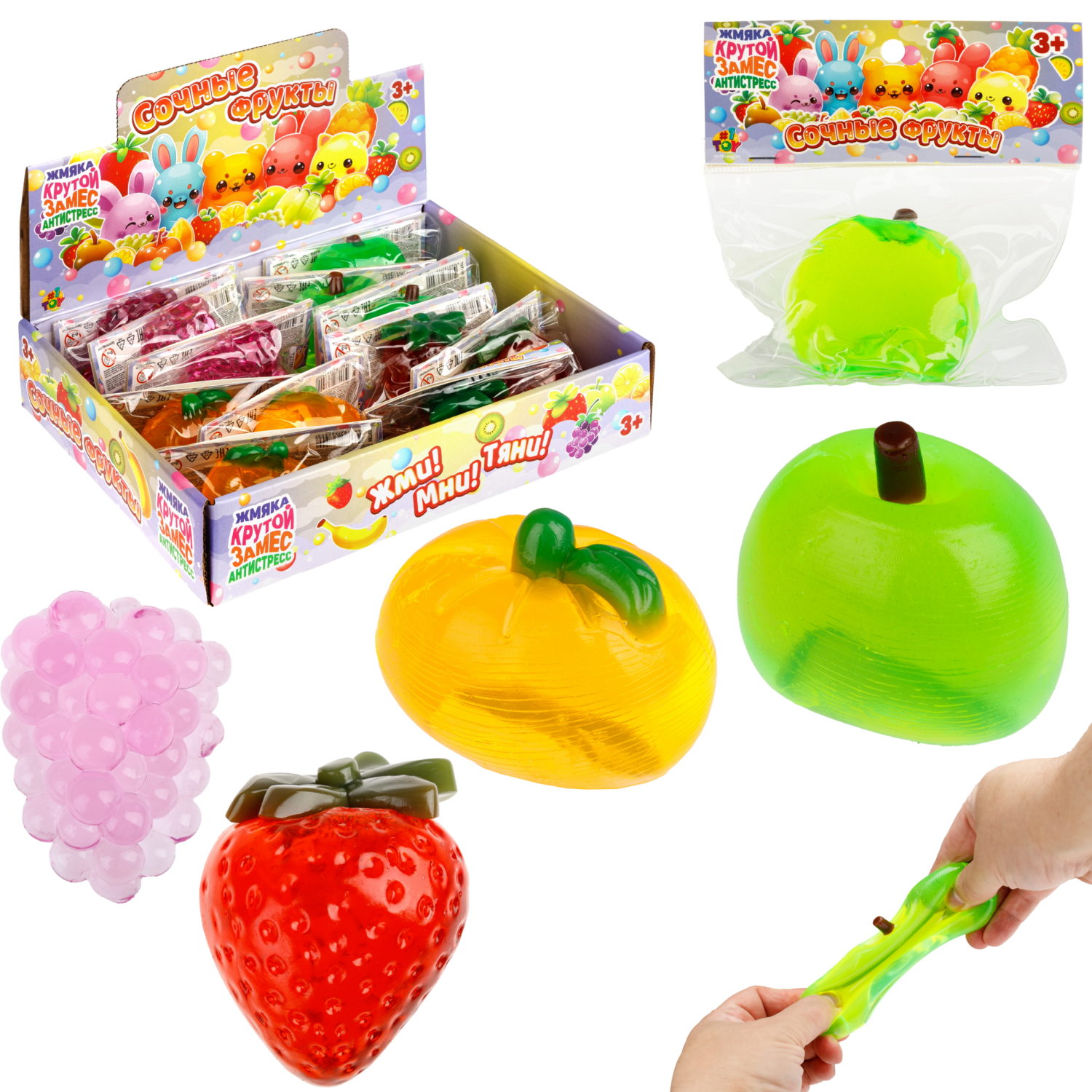 1toy Крутой замес жмяка "Сочные фрукты", полупрозр. (яблоко, мандарин, клубника, виноград), 4 вида в асс., пакет с хедером, 12 шт в дб