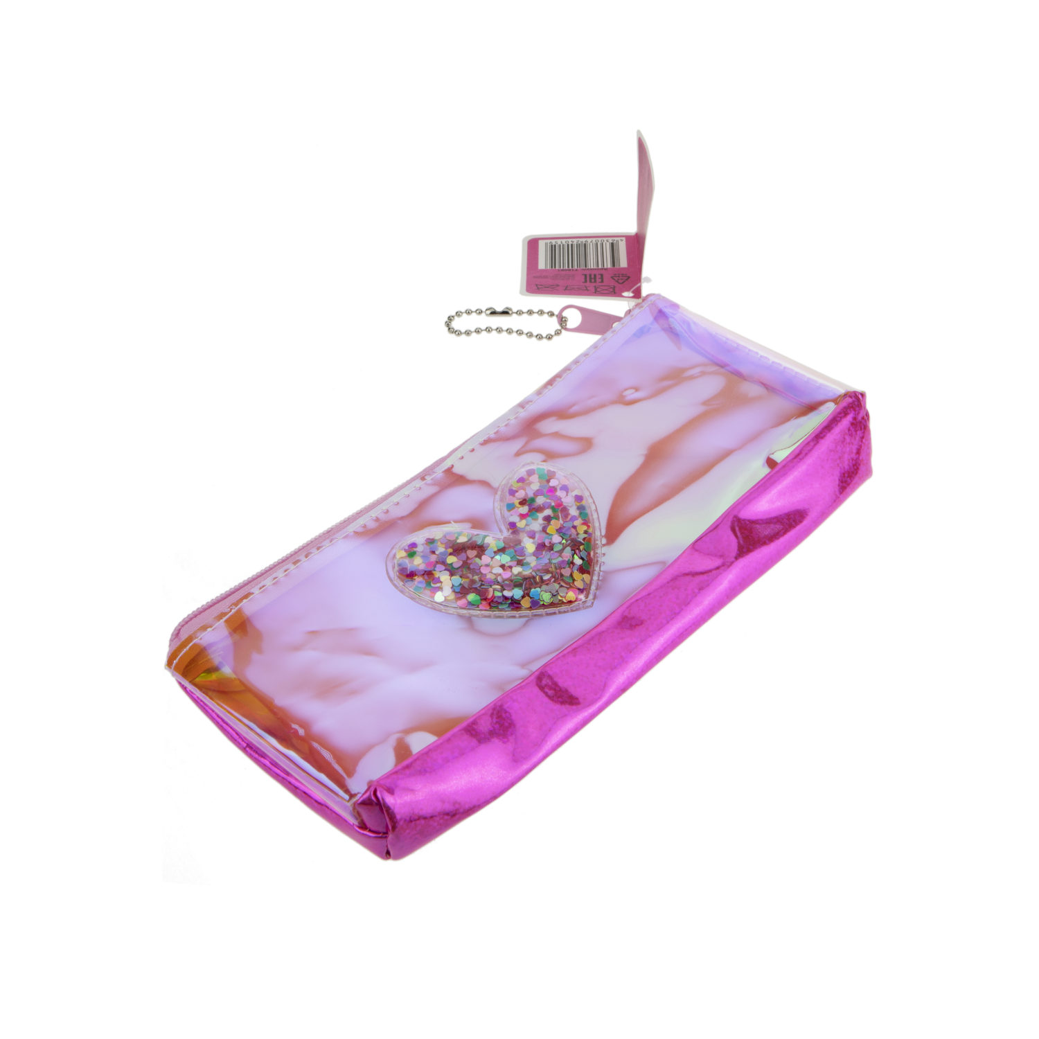 Пенал школьный, косметичка LUKKY для девочек, девушек, голографическая, с аппликацией сердца, 21х10 см