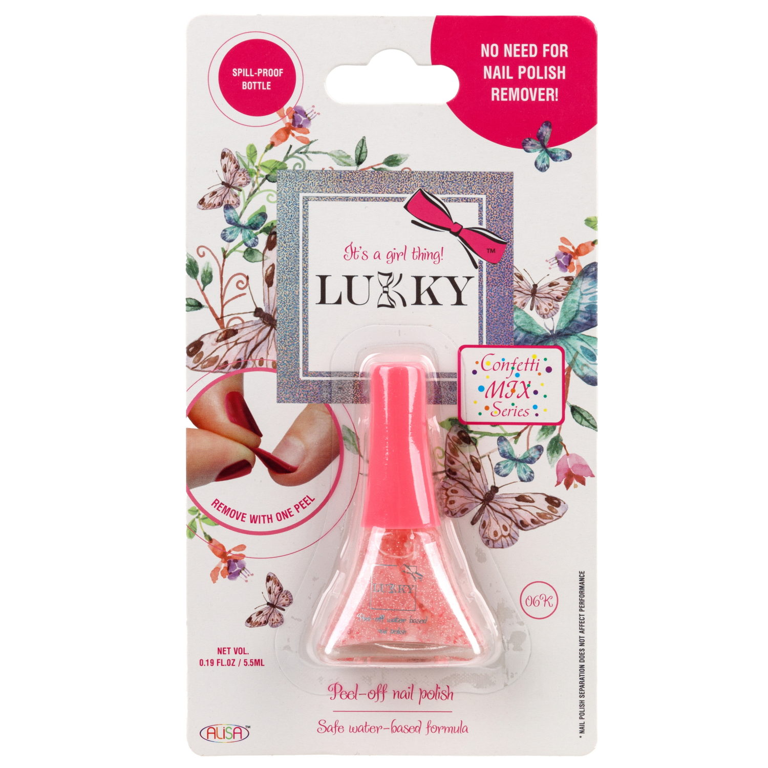 Детский лак для ногтей на водной основе с блестками Lukky, Конфетти-Микс, безопасный, бело-розовый мик с цветочками, блистер, 5,5 мл