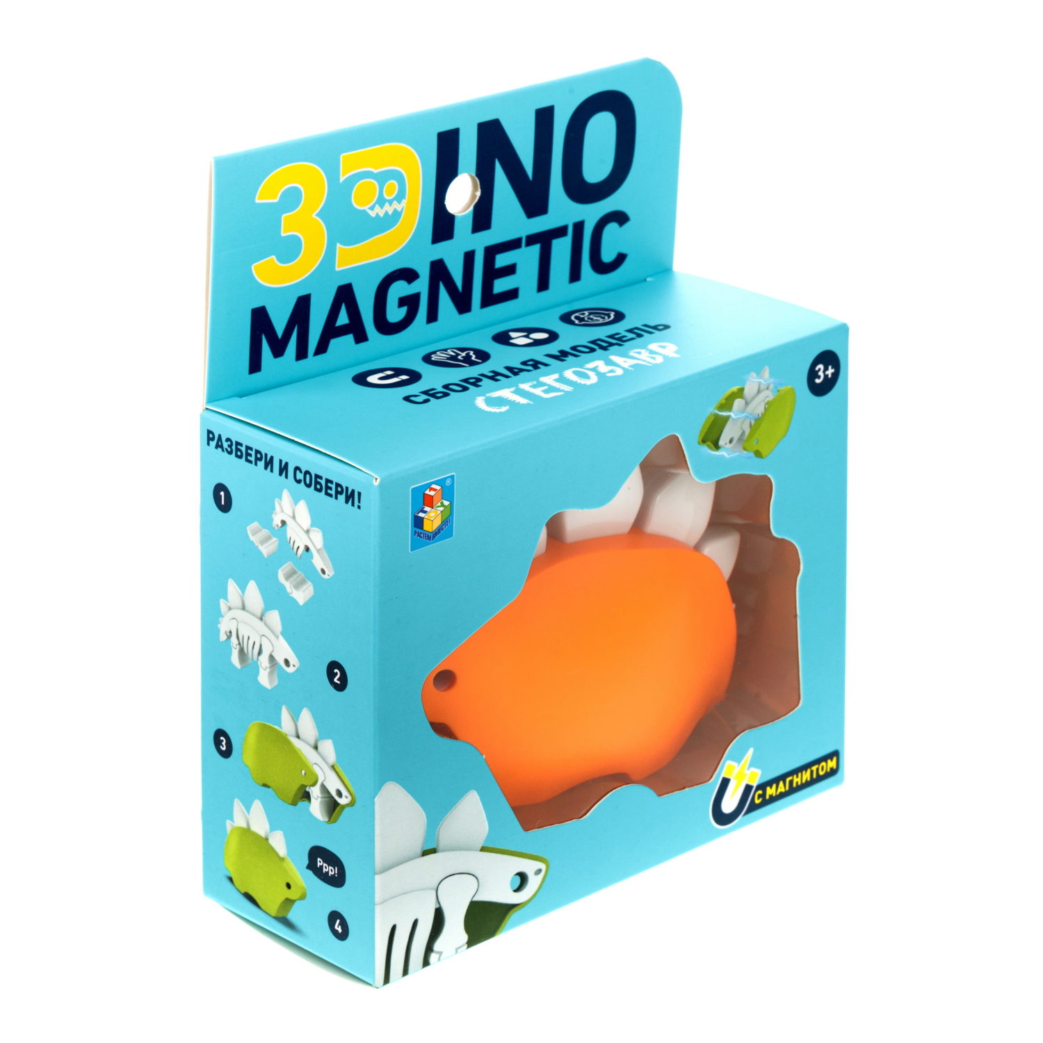 Игрушка динозавр 1TOY 3Dino Magnetic Стегозавр, сборный, с магнитом, для развития моторики и сил рук, цвет в ассортименте 