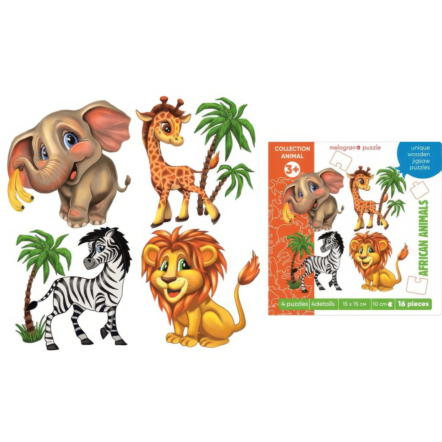 Деревянные пазлы Collection Animals Африка, 4 пазла по 4 детали, 16 деталей.