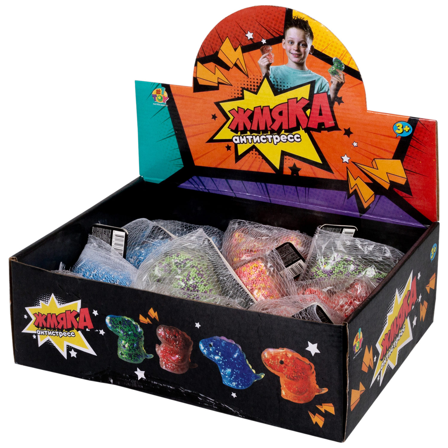 1toy Жмяка динозавр с пенопластовыми шариками, 8х11 см, 4 вида в ассортименте