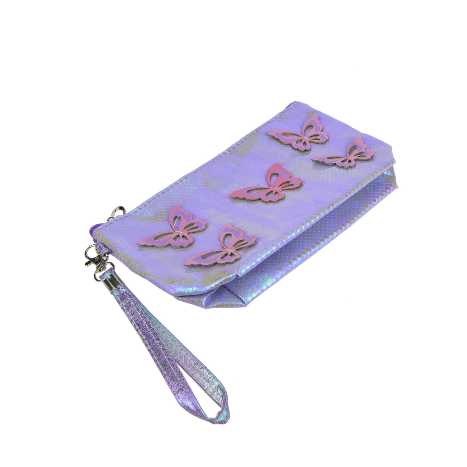 Пенал школьный, косметичка LUKKY для девочек, девушек, фиолетовая с накладными бабочками, с ремешком, 24х13 см