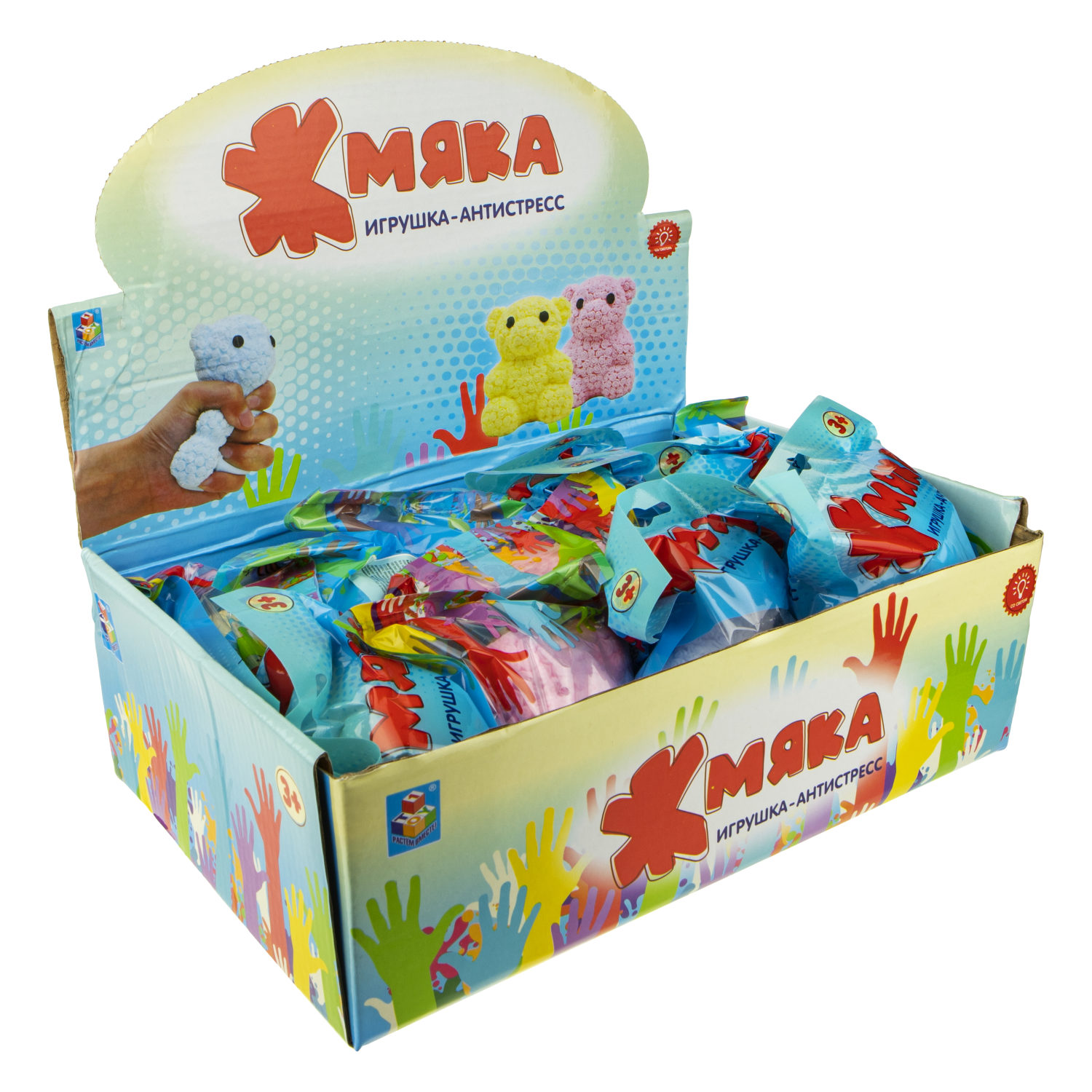 1toy Жмяка мишка в розах со светом, 8*6 см, 4 цвета, цветной пакет с подвесом, 12 шт в д/б