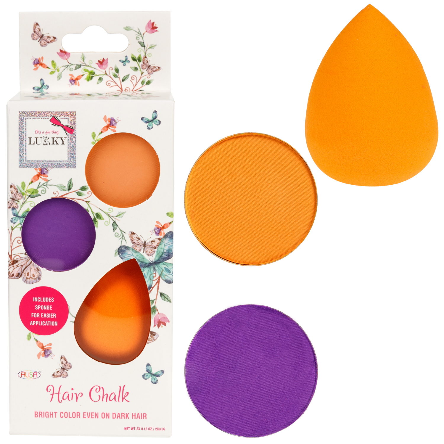 LUKKY набор с пудрой для волос, 2 цв.: оранжевый и фиолетовый,  3,5г каждая, с каплевидным спонжем