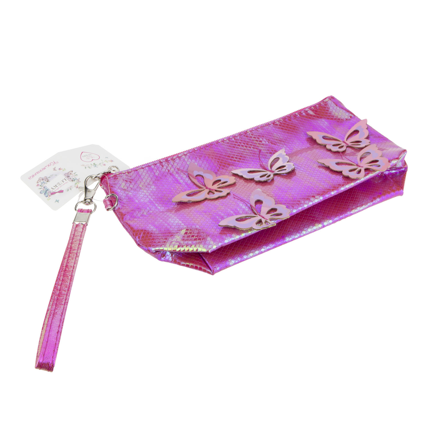 Пенал школьный, косметичка LUKKY для девочек, девушек, розовая, с накладными бабочками, с ремешком, 24х13 см