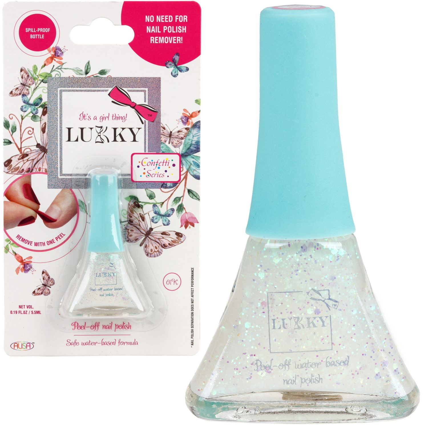 Детский лак для ногтей на водной основе с блестками Lukky, Конфетти, безопасный, цвет 01К, перламутр, блистер, 5,5 мл