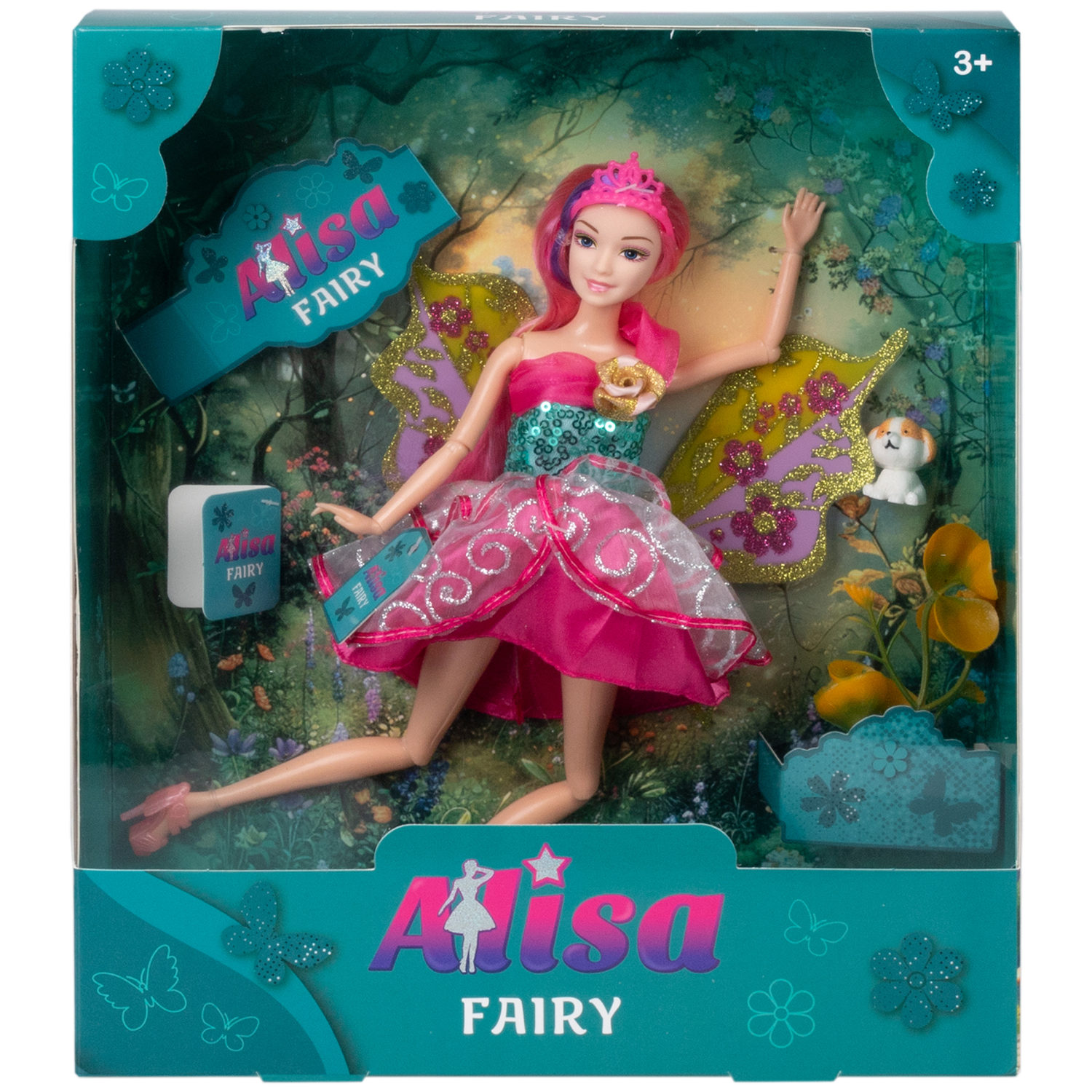 Кукла Alisa Fairy Фея с фиолетовой прядью, крыльями, цветами и щенком, 29 см