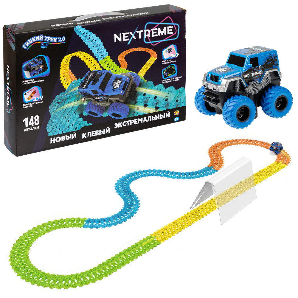1TOY NEXTREME Гибкий трек 148 деталей, внедорожник синий с аккумуляторной батареей
