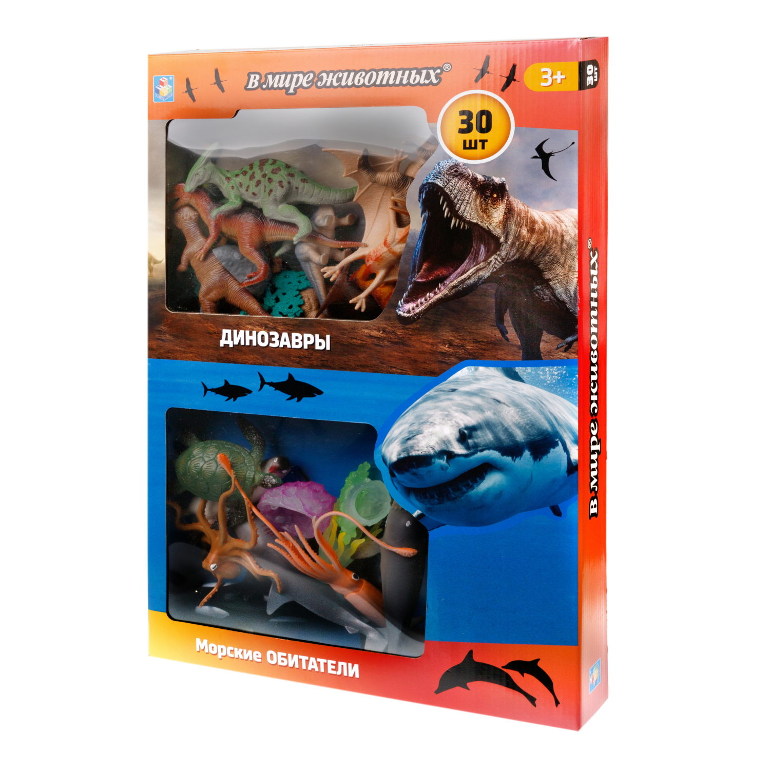 Игровой набор динозавров и морских животных 1TOY "В мире животных", 30 шт., игровой набор зоопарк, фигурки