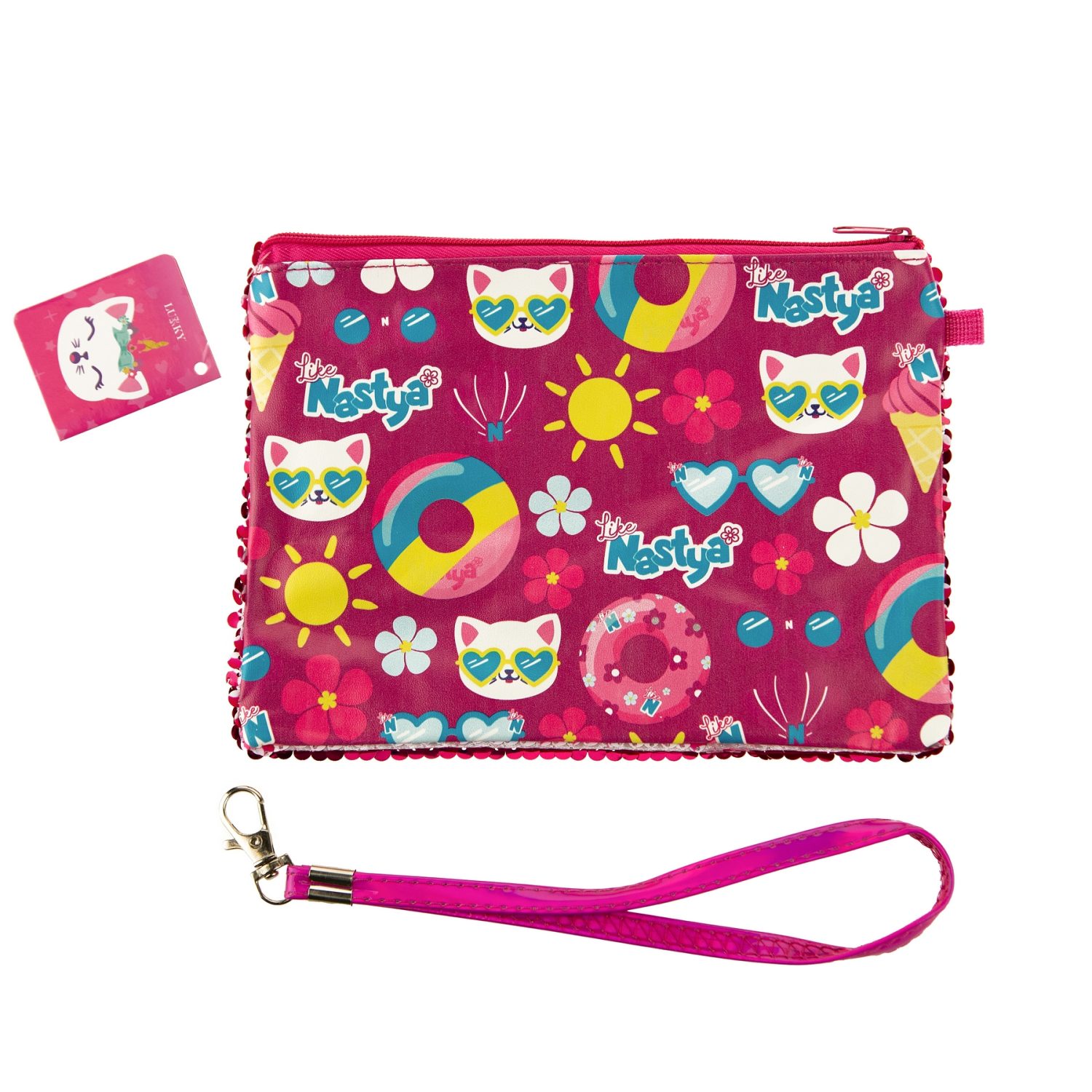 Like Nastya Косметичка с пайетками хамелеон с кошкой на одной стороне, принт разноцветный  на другой стороне, с ремешком, 21х14 см,пакет,бирка