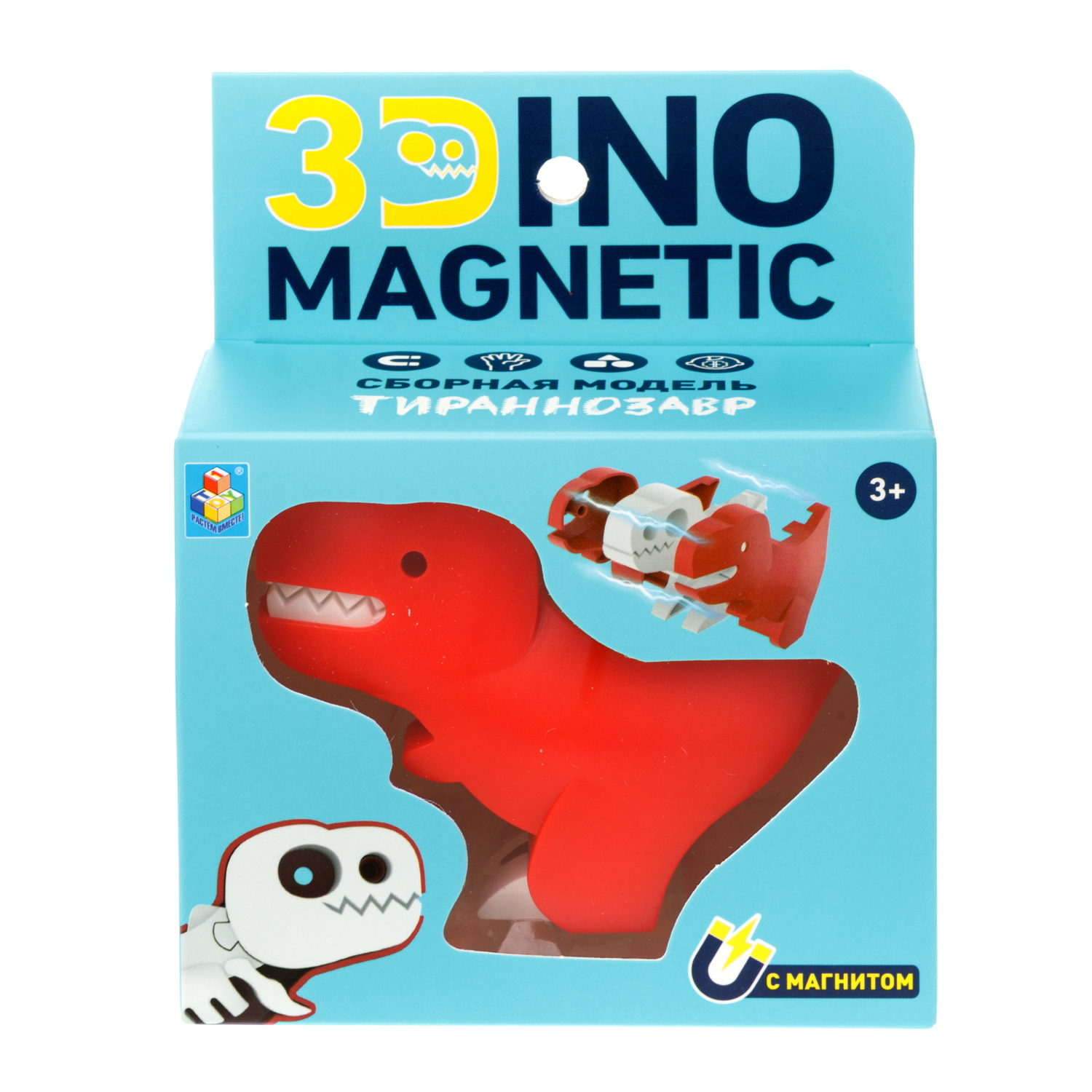 Игрушка динозавр 1TOY 3Dino Magnetic Тираннозавр, сборный, с магнитом, для развития моторики и сил рук, цвет красный