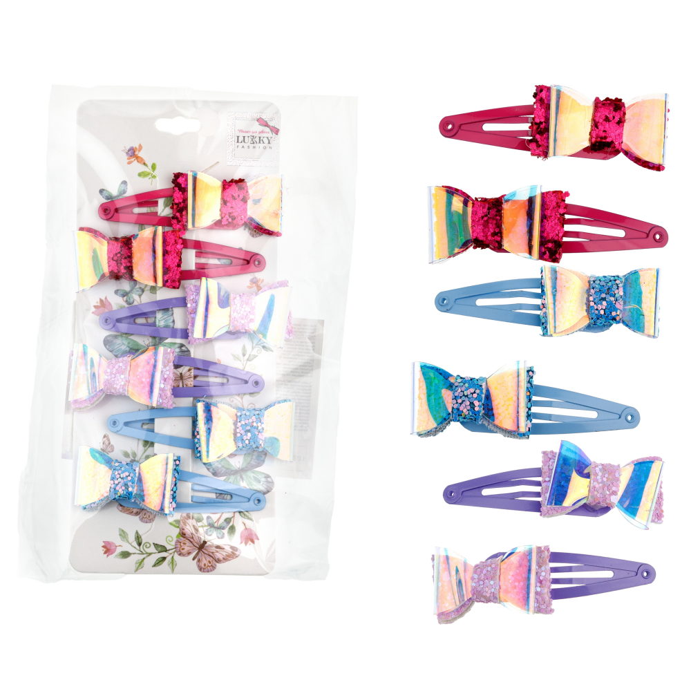 Набор заколок для волос Lukky Fashion Бантики голография с блестящкй посыпкой, клик-клак, 6 шт.