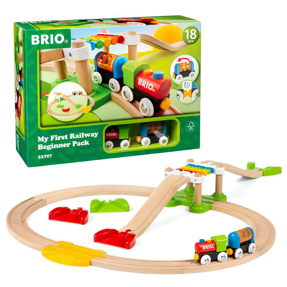 Деревянная железная дорога BRIO, поезд детский на рельсах - паровозик на магнитах, игрушки для малышей, 18 элементов