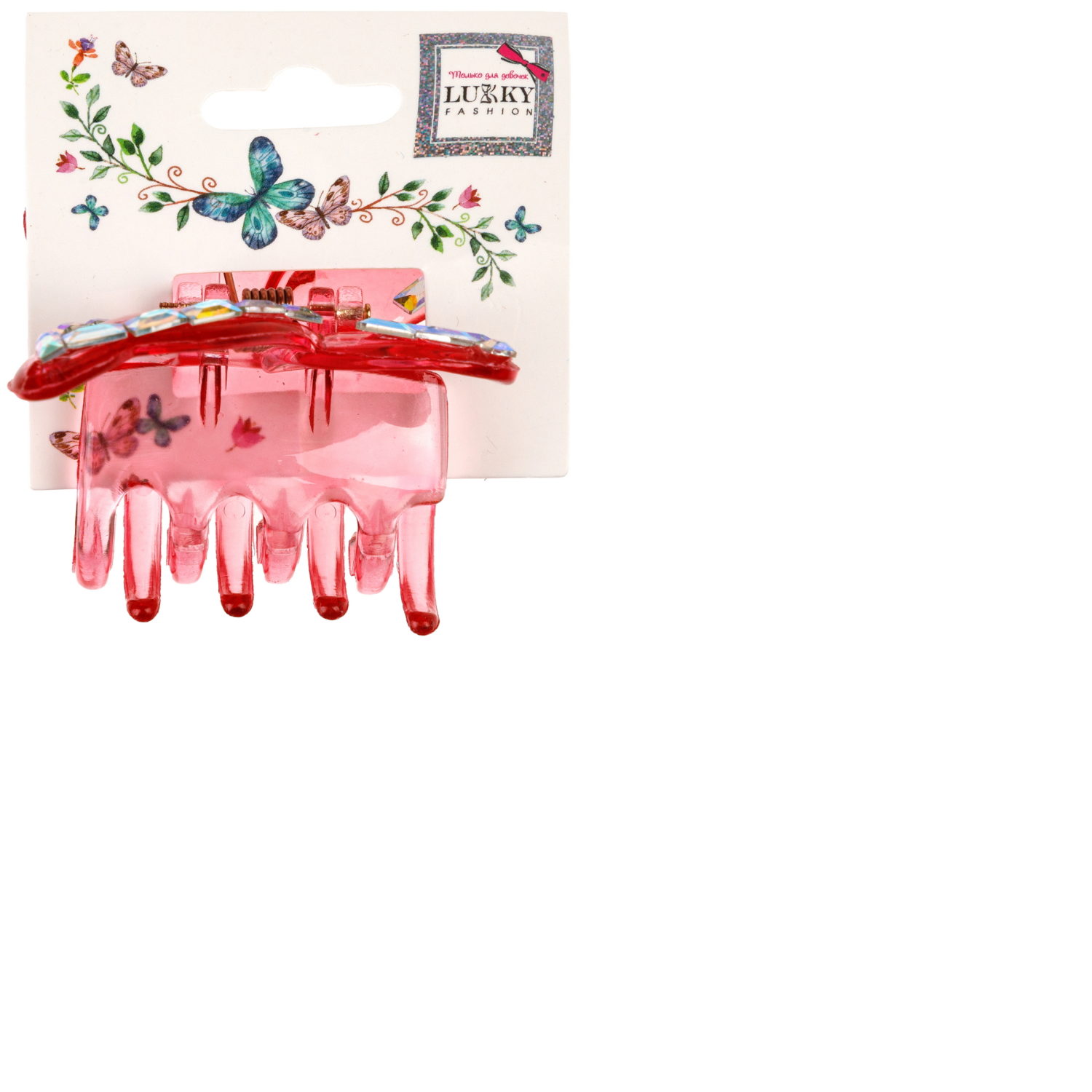 Lukky Fashion заколка-краб д.волос Бабочка Crystal с голограф.отделкой,4 цв.:золотой/розовый/малиновый/серебряный микс