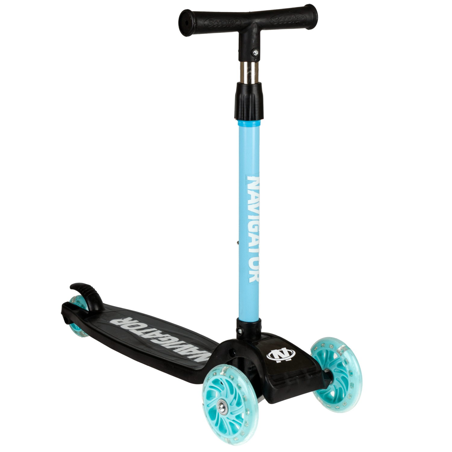 Самокат Navigator, упр.накл, PVC светящ. кол.2х110мм/80мм, складной, высота руля 58-72см, дека 36*12см, пласт ручки, пакет, черный с голубым