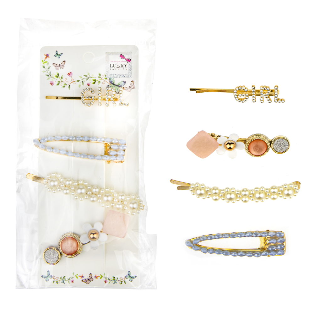 Lukky Fashion набор из 4х заколок, (Girl, жемчуг, клик-клак прозрачная, фантазия)