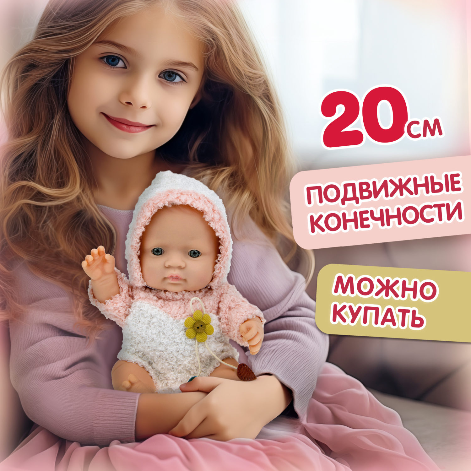 Пупс 1TOY Baby Doll в теплом розовом комбинезоне, 20 см