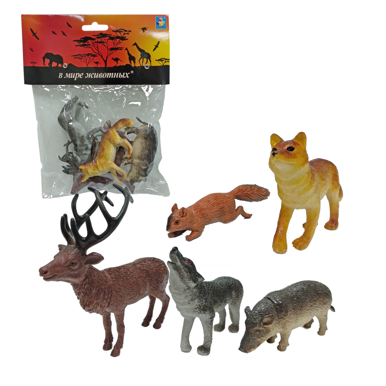 Дикие животные фигурки 1TOY "В мире животных", игровой набор: лось, кабан, лиса, волк, белочка, 5 шт., 12 см