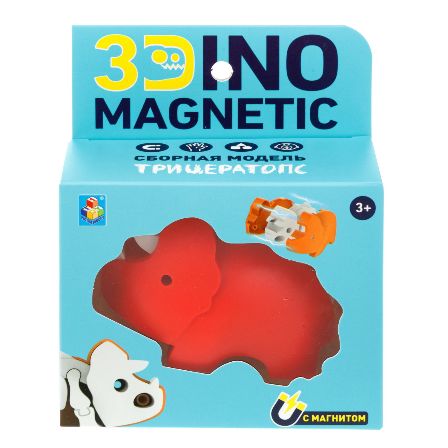 Игрушка динозавр 1TOY 3Dino Magnetic Трицератопс, сборный, с магнитом, для развития моторики и сил рук, цвет в ассортименте