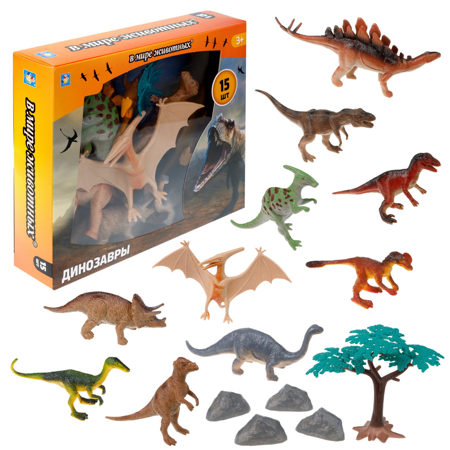 Игровой набор динозавров 1TOY "В мире животных", 15 шт., фигурки: стегозавр,  птеранодон, гадрозавр, трицератопс, велоцираптор, тираннозавр рекс